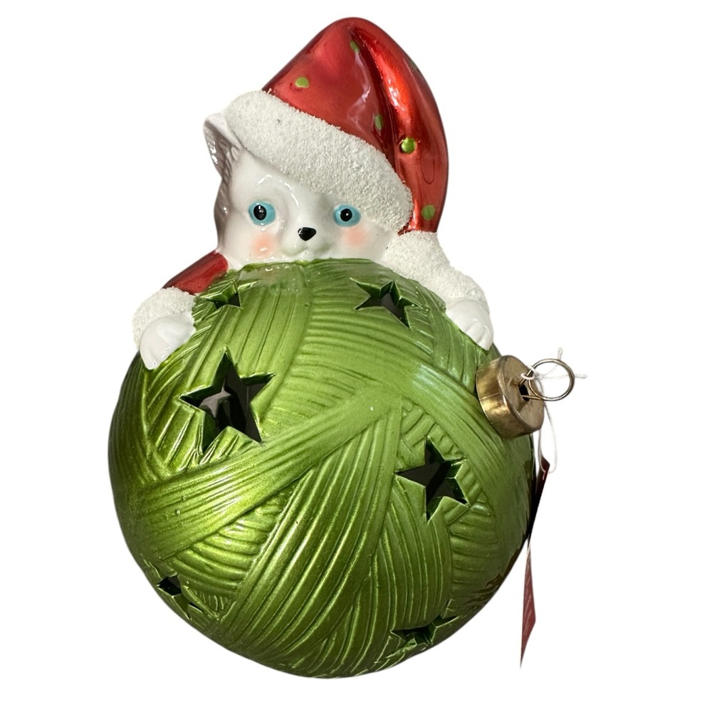 Home Reflections Luminary Flameless Candle & Timer Cat on Christmas Ball. NEW!
